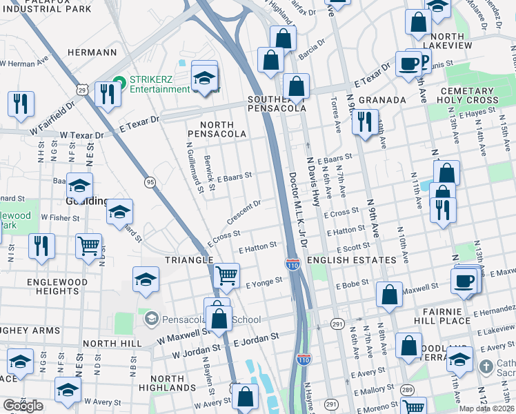 map of restaurants, bars, coffee shops, grocery stores, and more near 2713 North Hayne Street in Pensacola