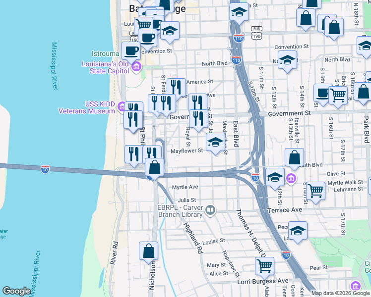 map of restaurants, bars, coffee shops, grocery stores, and more near 757 Saint Charles Street in Baton Rouge