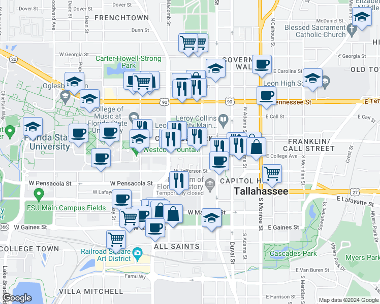 map of restaurants, bars, coffee shops, grocery stores, and more near 418 West College Avenue in Tallahassee