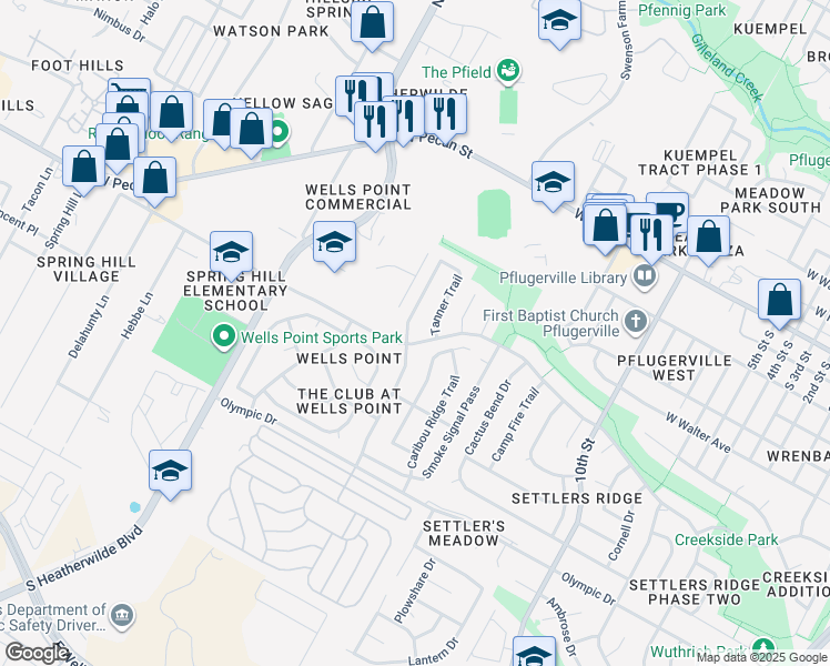 map of restaurants, bars, coffee shops, grocery stores, and more near 540 Broken Feather Trail in Pflugerville