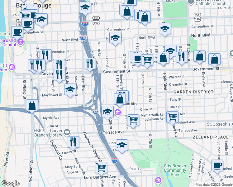 map of restaurants, bars, coffee shops, grocery stores, and more near 722 Eddie Robinson Sr Drive in Baton Rouge