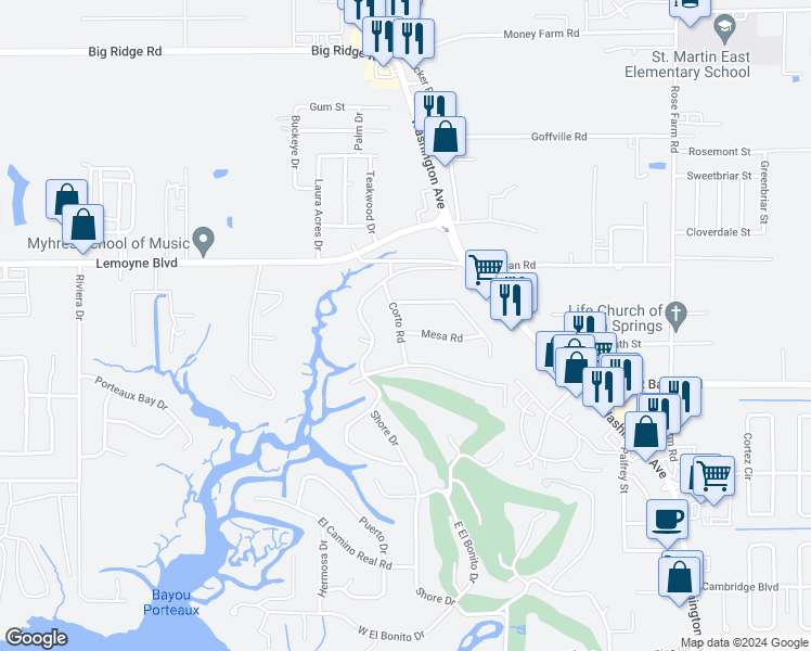 map of restaurants, bars, coffee shops, grocery stores, and more near 6828 Corto Road in Ocean Springs