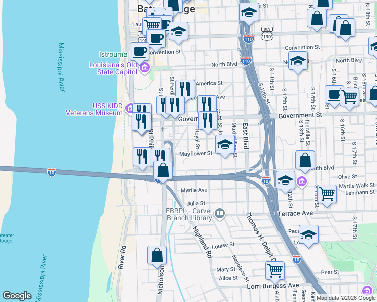 map of restaurants, bars, coffee shops, grocery stores, and more near 757 Saint Charles Street in Baton Rouge