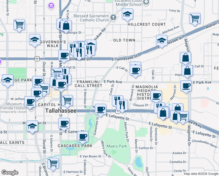 map of restaurants, bars, coffee shops, grocery stores, and more near 119 Crest Street in Tallahassee