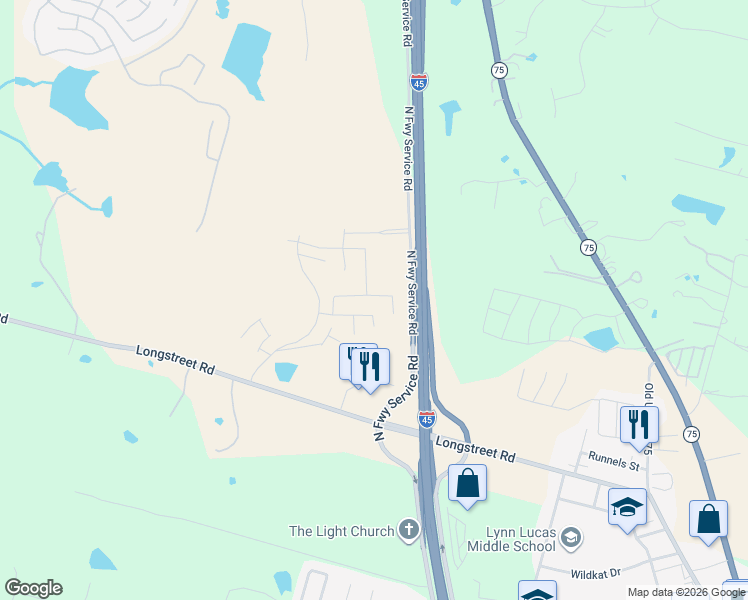map of restaurants, bars, coffee shops, grocery stores, and more near North Freeway Service Road in Willis