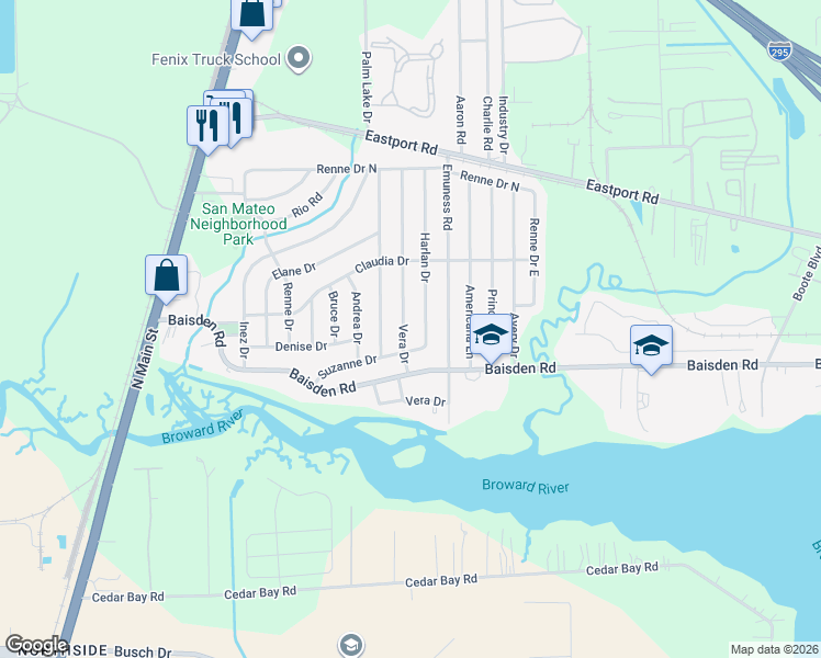 map of restaurants, bars, coffee shops, grocery stores, and more near 11223 Vera Drive in Jacksonville