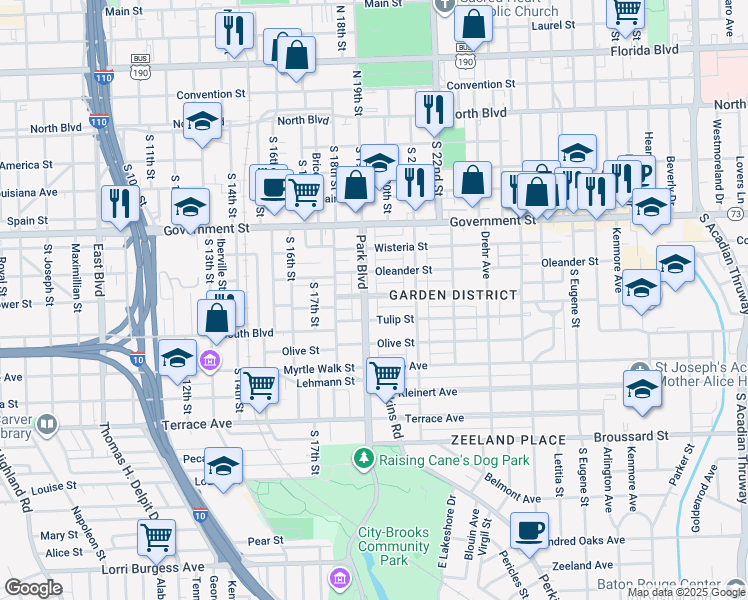 map of restaurants, bars, coffee shops, grocery stores, and more near 1912 Cherokee Street in Baton Rouge