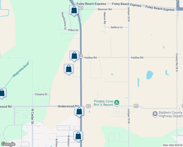 map of restaurants, bars, coffee shops, grocery stores, and more near 20148 Hadley Road in Foley