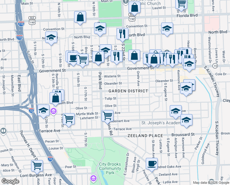 map of restaurants, bars, coffee shops, grocery stores, and more near 804 Camellia Avenue in Baton Rouge
