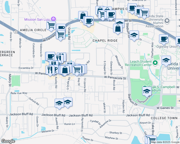 map of restaurants, bars, coffee shops, grocery stores, and more near 1857 Ivy Lane in Tallahassee