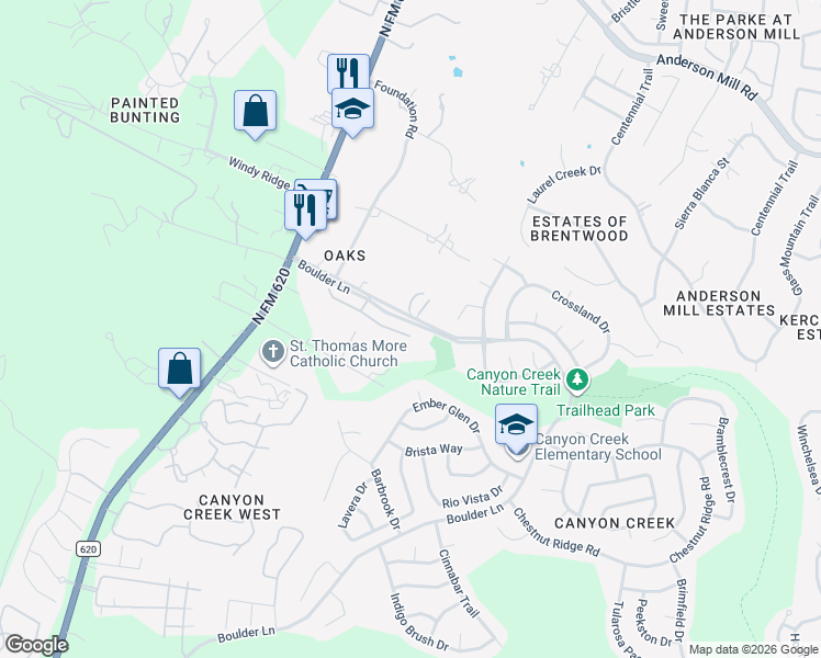 map of restaurants, bars, coffee shops, grocery stores, and more near 11400 Sweet Basil Ct in Austin