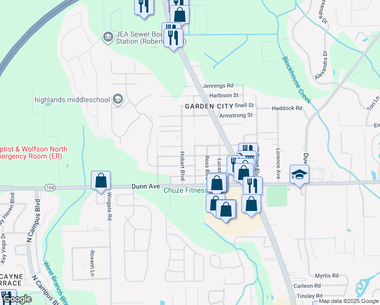 map of restaurants, bars, coffee shops, grocery stores, and more near 11414 Hobart Boulevard in Jacksonville
