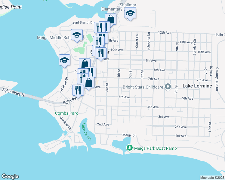 map of restaurants, bars, coffee shops, grocery stores, and more near 24 6th Avenue in Shalimar