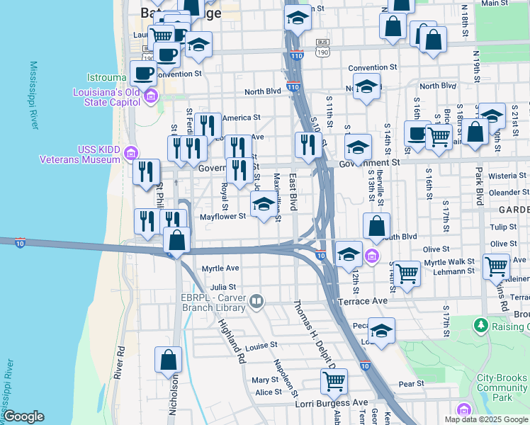 map of restaurants, bars, coffee shops, grocery stores, and more near 811 Mayflower Street in Baton Rouge