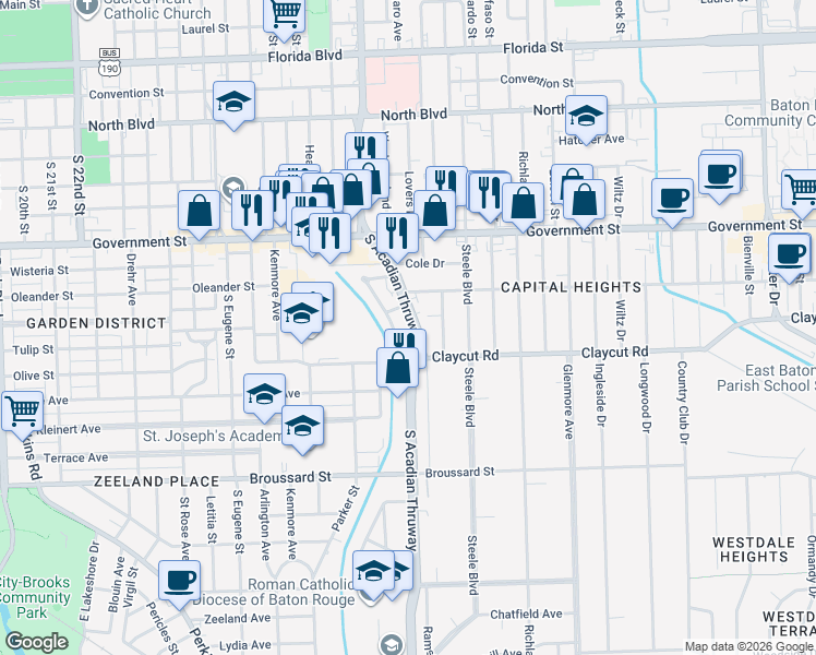 map of restaurants, bars, coffee shops, grocery stores, and more near 748 South Acadian Thruway in Baton Rouge