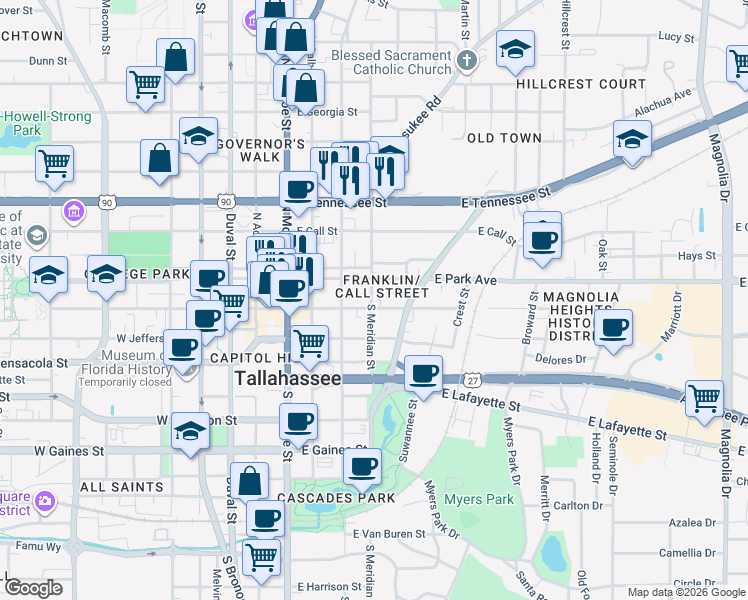 map of restaurants, bars, coffee shops, grocery stores, and more near 428 East College Avenue in Tallahassee