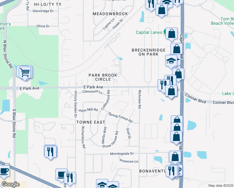 map of restaurants, bars, coffee shops, grocery stores, and more near 2526 Prest Court in Tallahassee