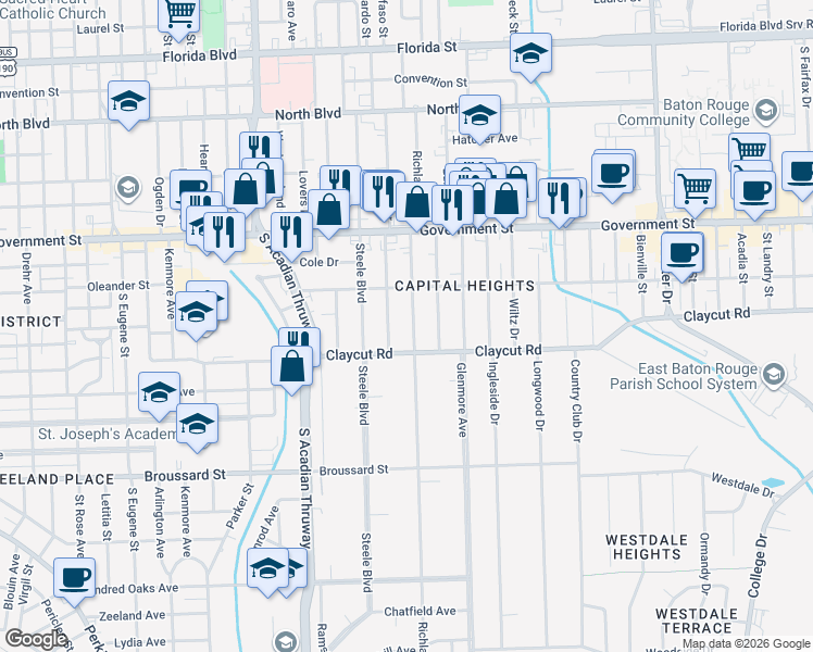 map of restaurants, bars, coffee shops, grocery stores, and more near 812 Richland Avenue in Baton Rouge