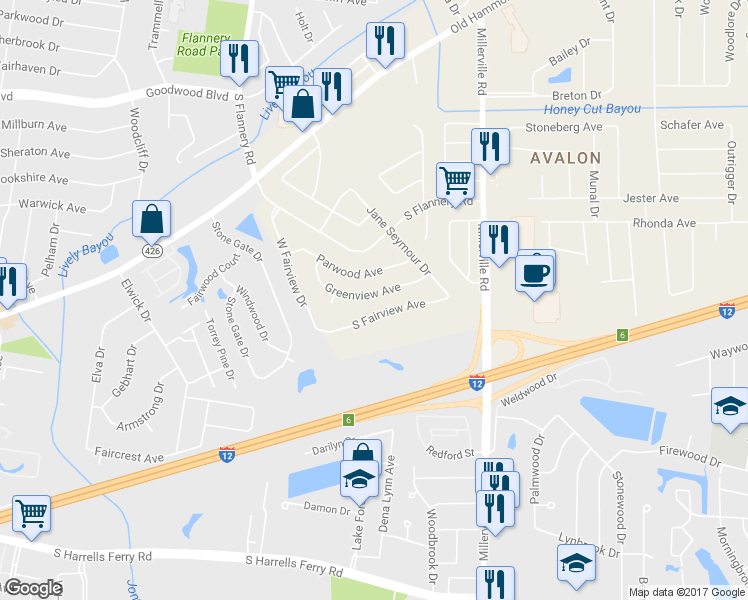 map of restaurants, bars, coffee shops, grocery stores, and more near 13524 Greenview Avenue in Baton Rouge