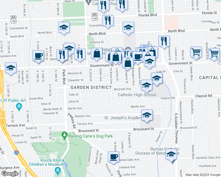 map of restaurants, bars, coffee shops, grocery stores, and more near 2376 Cherokee Street in Baton Rouge