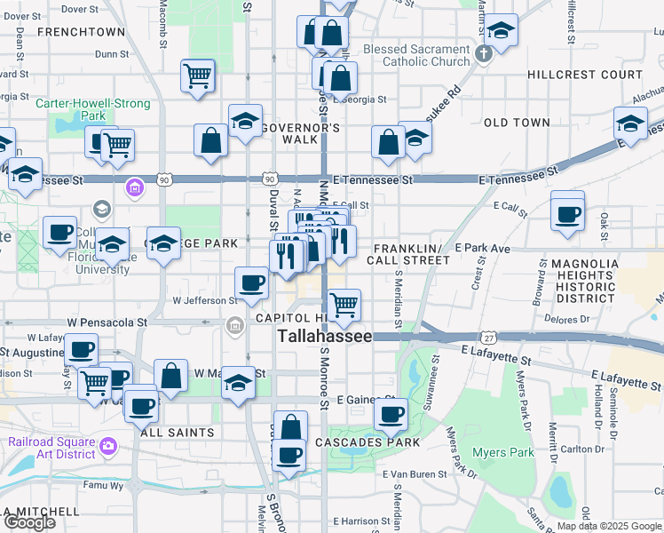 map of restaurants, bars, coffee shops, grocery stores, and more near 123 South Monroe Street in Tallahassee