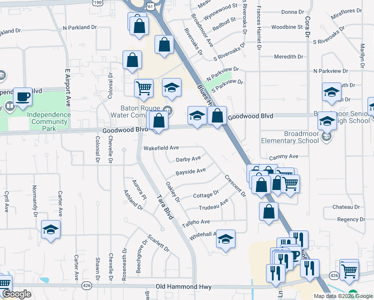 map of restaurants, bars, coffee shops, grocery stores, and more near 8836 Wakefield Avenue in Baton Rouge