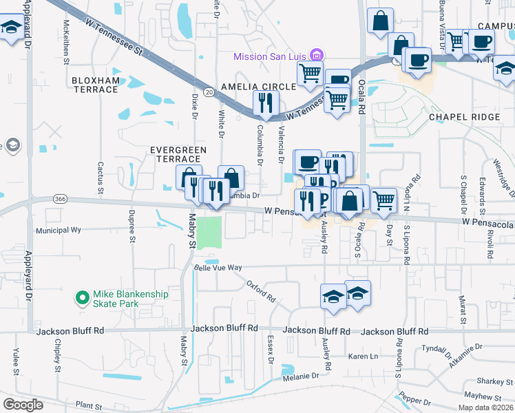 map of restaurants, bars, coffee shops, grocery stores, and more near 2202 West Pensacola Street in Tallahassee