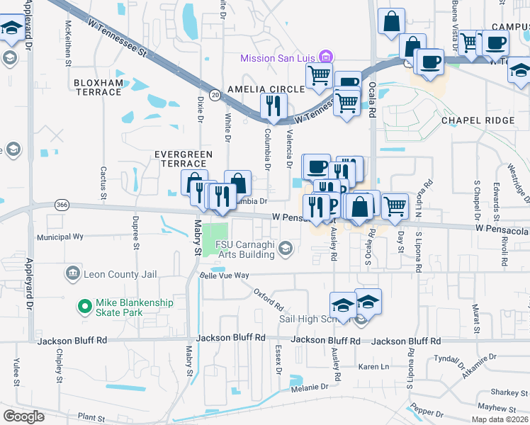 map of restaurants, bars, coffee shops, grocery stores, and more near 2202 West Pensacola Street in Tallahassee