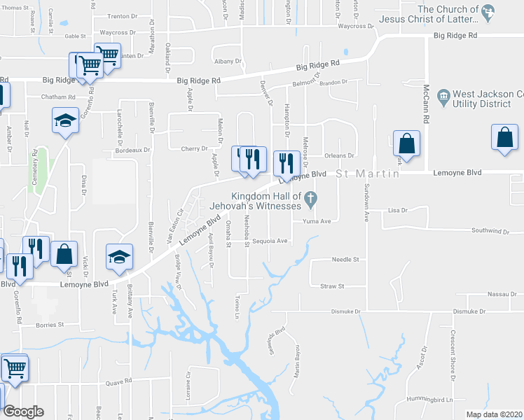 map of restaurants, bars, coffee shops, grocery stores, and more near 6821 Natchez Street in Biloxi