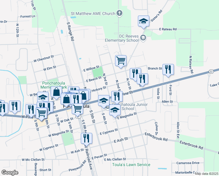 map of restaurants, bars, coffee shops, grocery stores, and more near 154 North 3rd Street in Ponchatoula