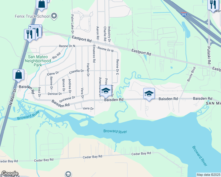map of restaurants, bars, coffee shops, grocery stores, and more near 11250 Avery Drive in Jacksonville