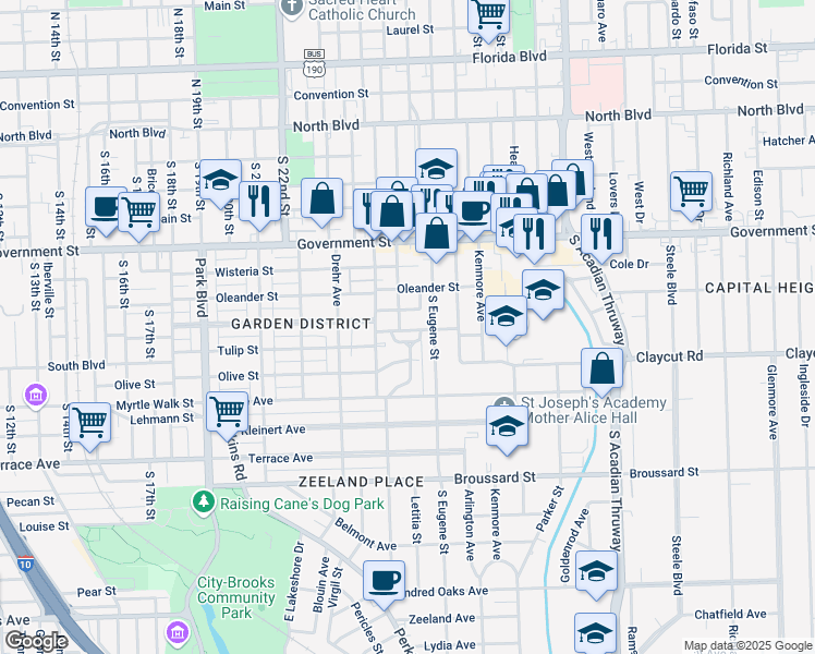 map of restaurants, bars, coffee shops, grocery stores, and more near 2621 McGrath Avenue in Baton Rouge
