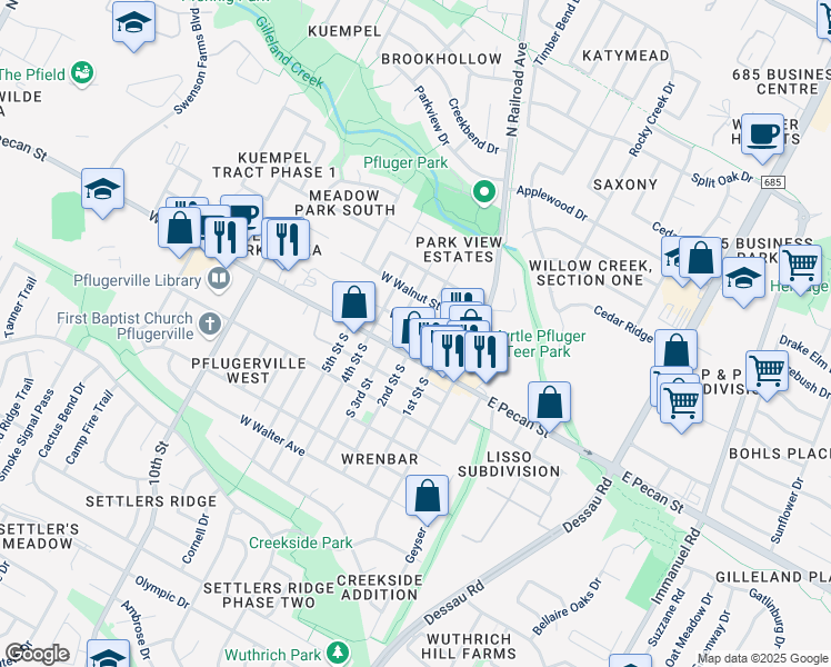 map of restaurants, bars, coffee shops, grocery stores, and more near 102 2nd Street North in Pflugerville