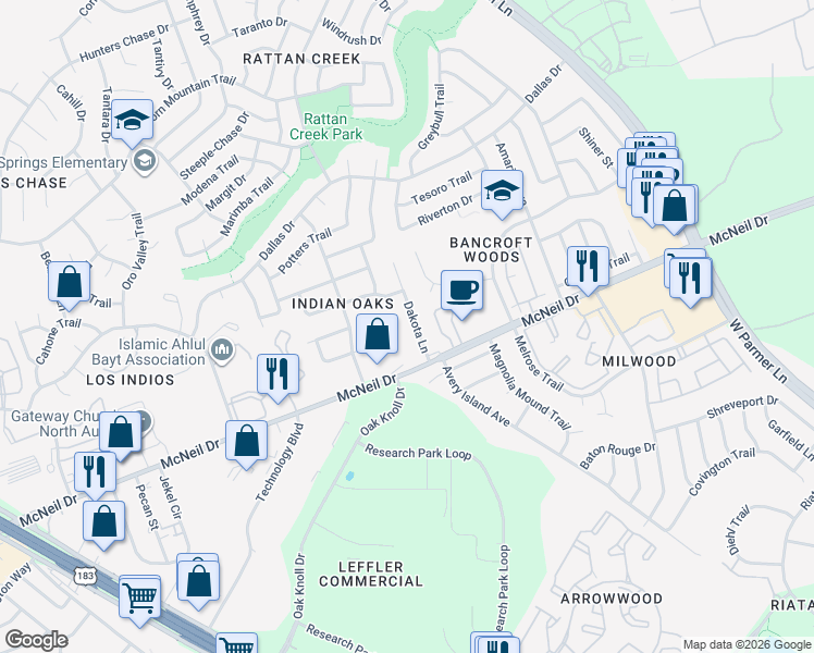 map of restaurants, bars, coffee shops, grocery stores, and more near 12728 Dakota Lane in Austin
