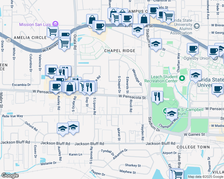 map of restaurants, bars, coffee shops, grocery stores, and more near 1828 West Pensacola Street in Tallahassee