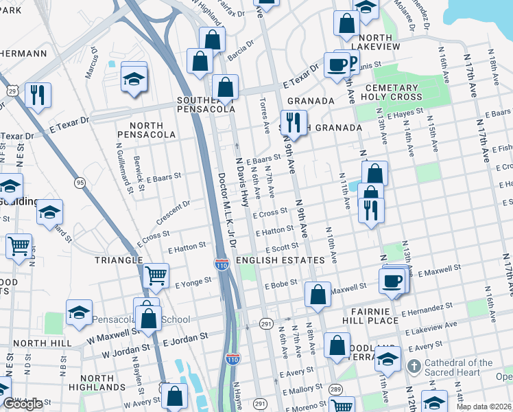 map of restaurants, bars, coffee shops, grocery stores, and more near 2716 North Davis Highway in Pensacola
