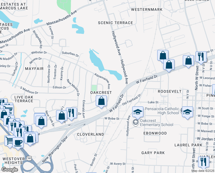 map of restaurants, bars, coffee shops, grocery stores, and more near 218 Ruby Avenue in Pensacola