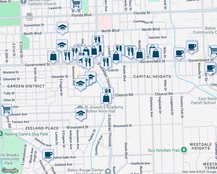 map of restaurants, bars, coffee shops, grocery stores, and more near 744D Marie Drive in Baton Rouge