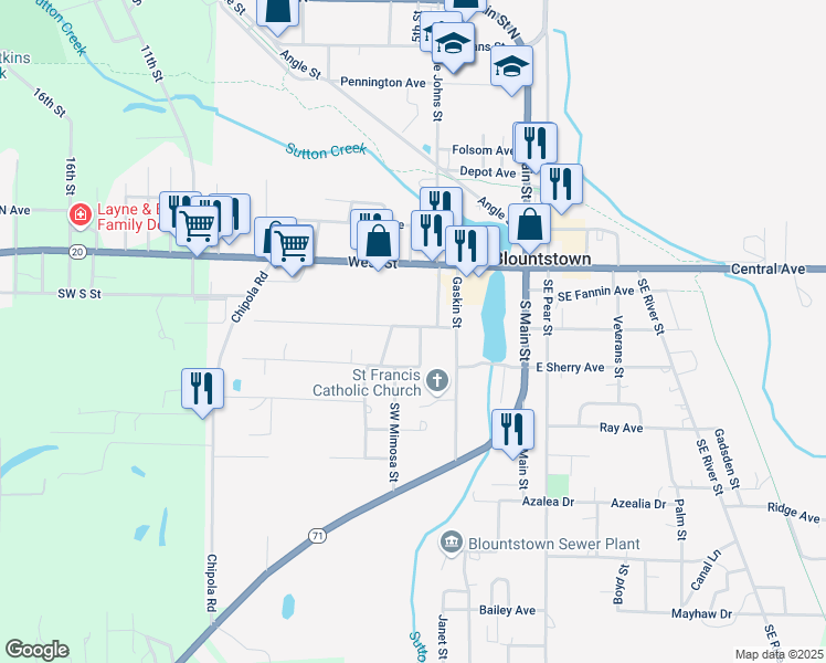 map of restaurants, bars, coffee shops, grocery stores, and more near 16698 Southwest Mimosa Street in Blountstown