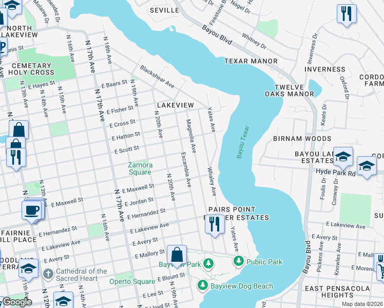 map of restaurants, bars, coffee shops, grocery stores, and more near 2311 Magnolia Avenue in Pensacola