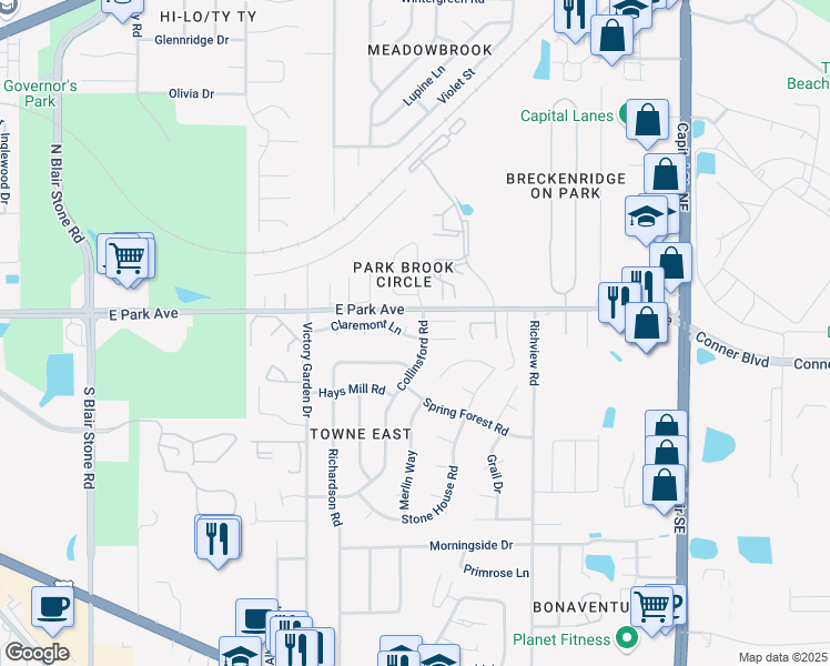 map of restaurants, bars, coffee shops, grocery stores, and more near 2382 Claremont Lane in Tallahassee