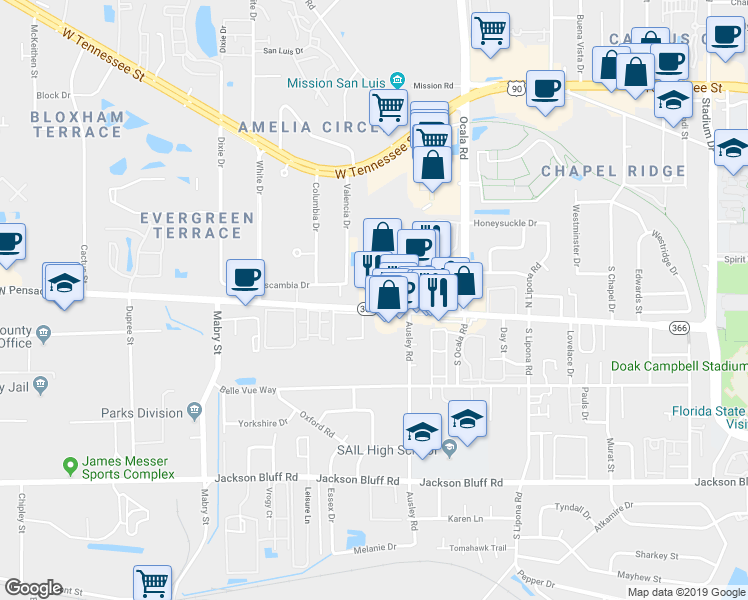 map of restaurants, bars, coffee shops, grocery stores, and more near 2102 West Pensacola Street in Tallahassee