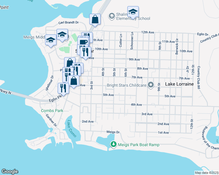 map of restaurants, bars, coffee shops, grocery stores, and more near 109 Post Oak Place in Shalimar