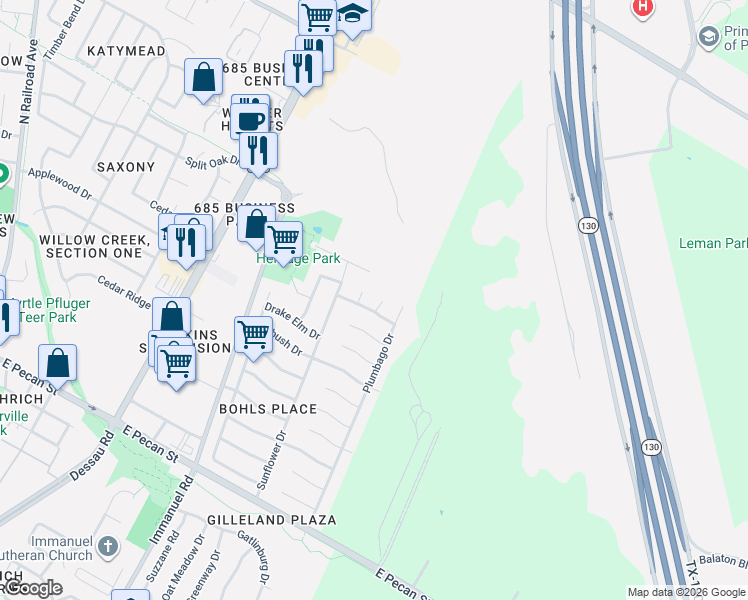 map of restaurants, bars, coffee shops, grocery stores, and more near 901 Daylily Cove in Pflugerville
