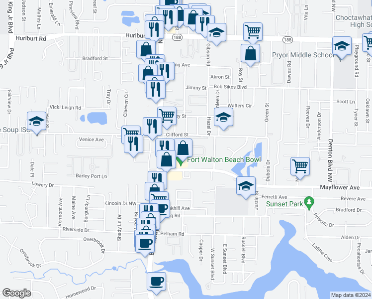 map of restaurants, bars, coffee shops, grocery stores, and more near 1904 Kadima Circle in Fort Walton Beach