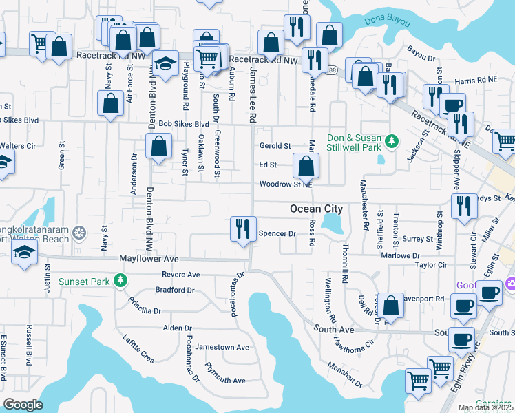 map of restaurants, bars, coffee shops, grocery stores, and more near 201 Newcastle Drive in Fort Walton Beach