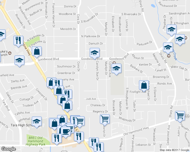 map of restaurants, bars, coffee shops, grocery stores, and more near 1344 Carolyn Sue Drive in Baton Rouge