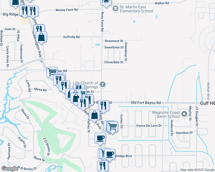 map of restaurants, bars, coffee shops, grocery stores, and more near 13209 Leila Street in Ocean Springs