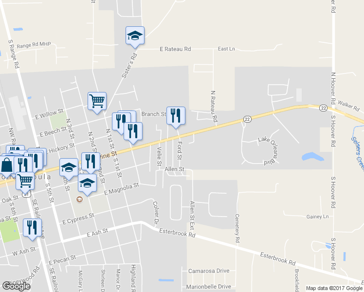 map of restaurants, bars, coffee shops, grocery stores, and more near 110 Ford Street in Ponchatoula