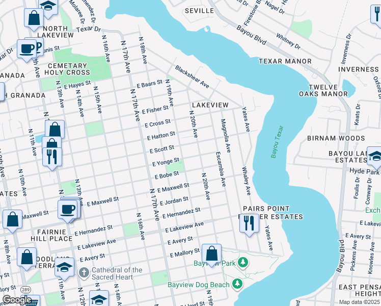 map of restaurants, bars, coffee shops, grocery stores, and more near 1908 E Yonge St in Pensacola